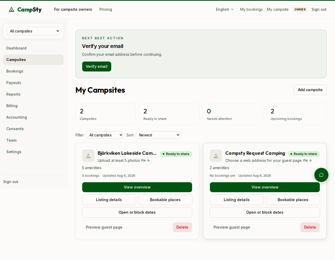 Campsites list with Add campsite button