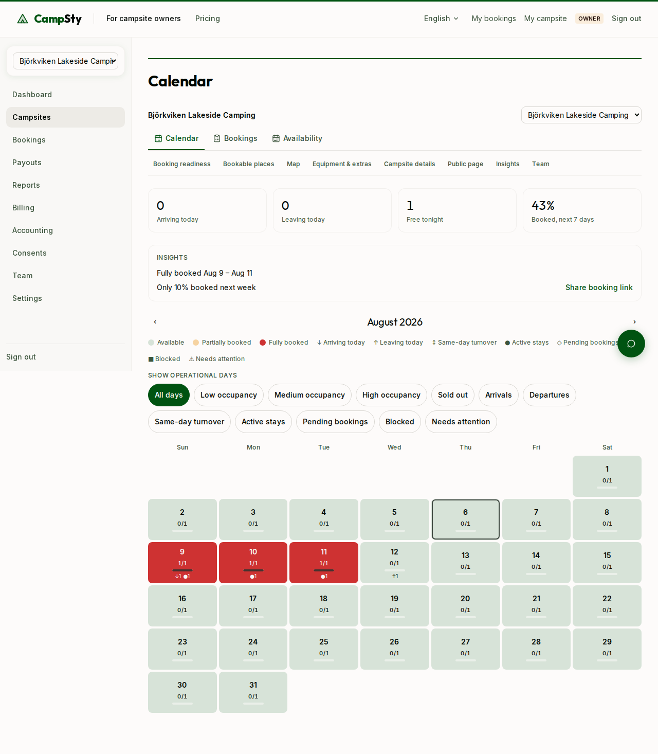 Booking/planner calendar overview with occupancy at a glance