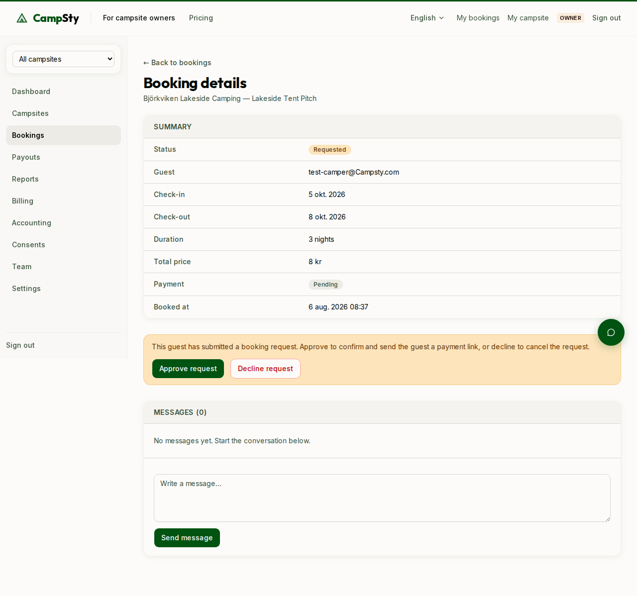 Booking detail page with approve/decline actions